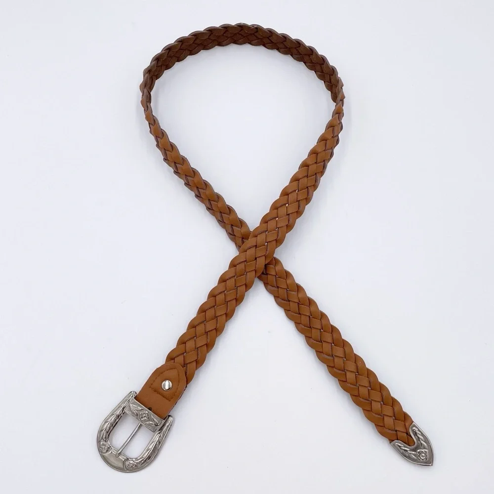 Vintage Western Belt Braided Genuine Leather Silver Buckle Flower Design 38